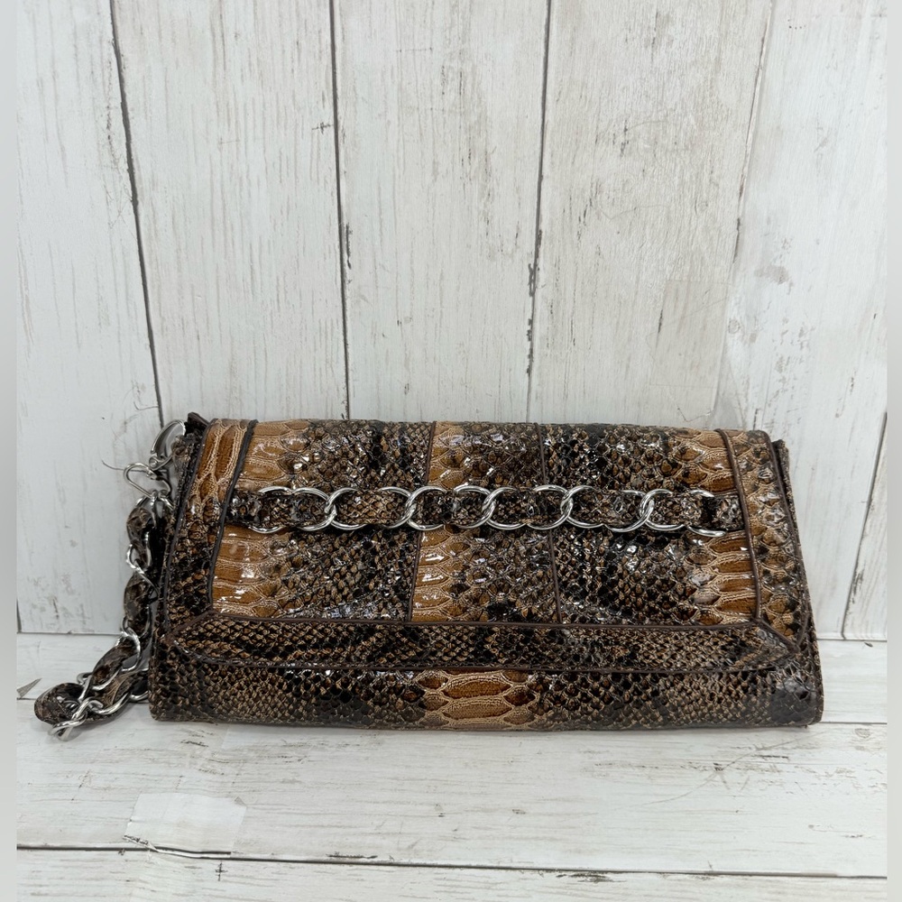 Y2K Embossed snake skin rectangle clutch purse bag Brown Large, Wristlet